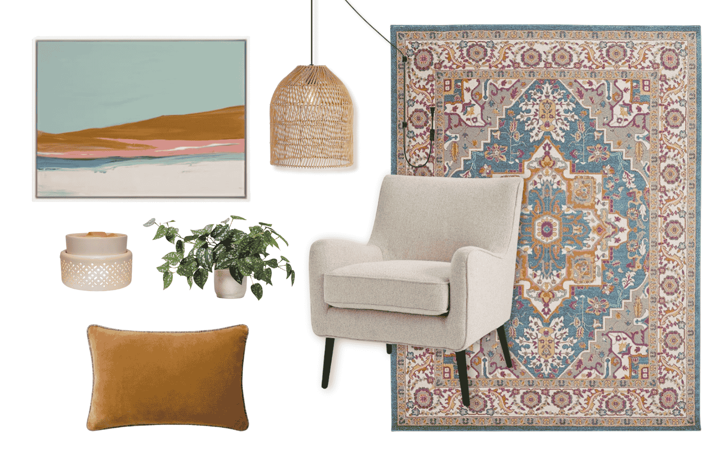 Small Therapy Office Design Shop the Look Collage of small therapy office design idea products, including rug, armchair, hanging lamp and coordinated wall art.