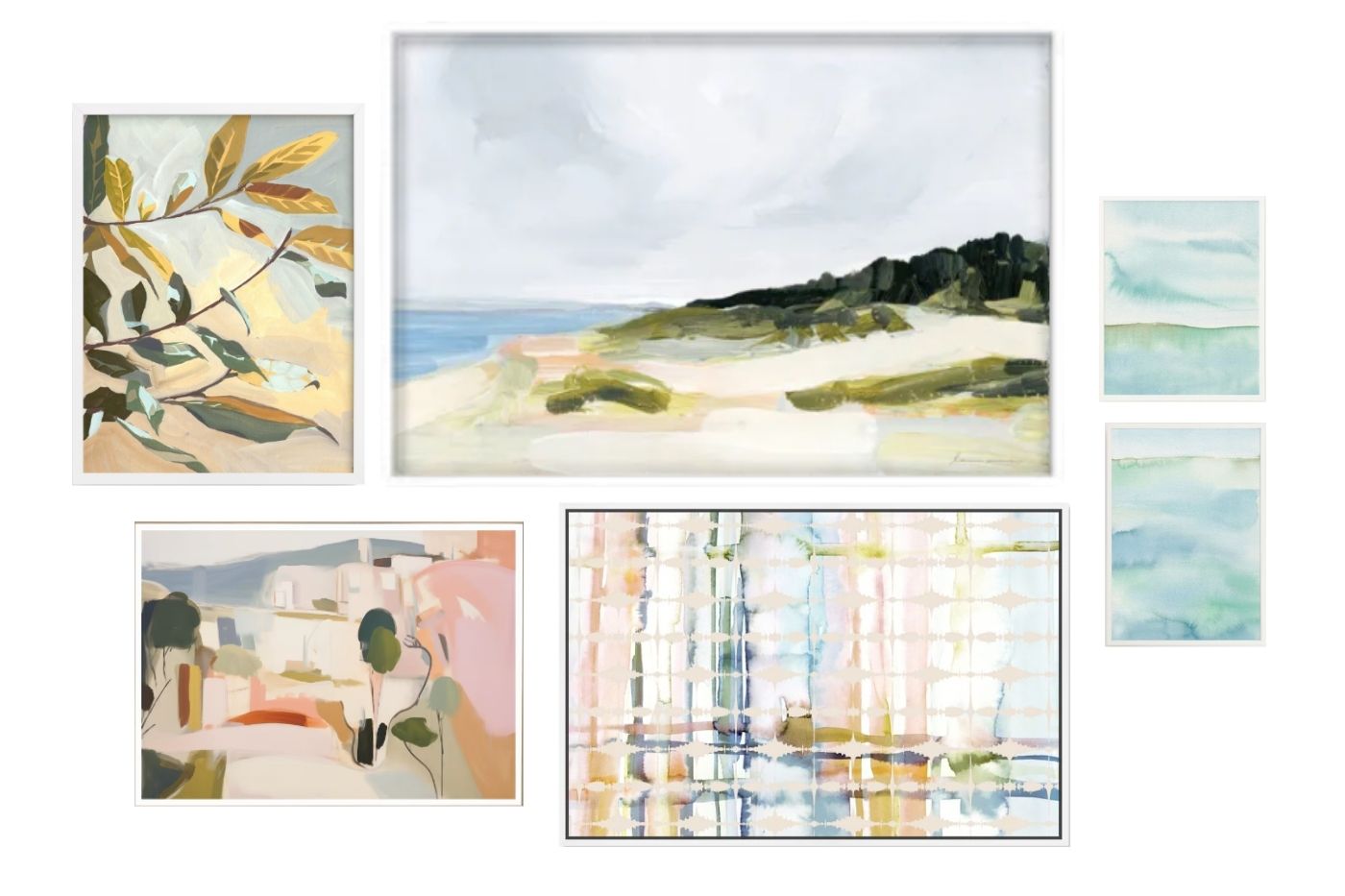 Collage of office wall art with coordinated color scheme of greens, blues, yellows and soft pinks