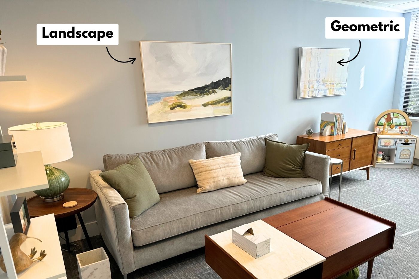 office wall art with labels explaining different art styles to add to your therapy office (e.g landscape art and geometric art)